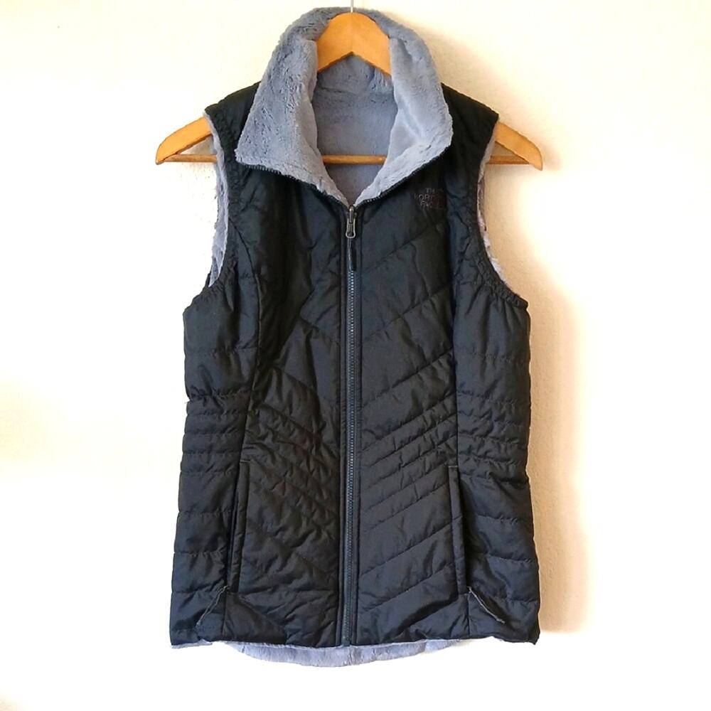 North Face Mossbud Insulated Reversible Vest Black And Gray Fleece